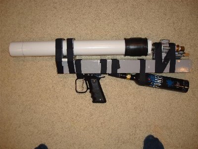 mock up of layout.  barrel length is accurate (~21&amp;quot;).  grey alum square barstock will be pressure chamber as well as mounting rail for all components.  breach-loaded (barrel slides forward).  operating pressure will be ~60psi.  expect projectile velocity to be ~140 fps.  projectiles will be JCS F-69 2&amp;quot; foam rockets.<br /><br />the WhumpGun was very front-heavy.  this new (almost bullpup?) design is very, very comfortable &amp;amp; compact.