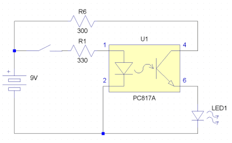 The two reistors can probably be anything from 300 to 600 ohms. The LED should light when the switch is closed and stay lit until the battery is disconnected.  (I don't have the schematic symbol for the triac optocoupler so i used one for a phototransistor.)