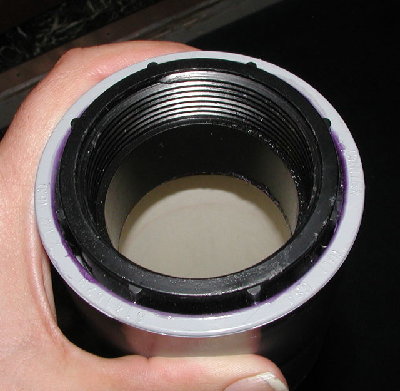 ABS 2 inch cleanout in the barrel.  It's a cleanout in a cut down 2.5 to 2 reducer.<br />Posted this due to the large number of photo views of the cannon. The white PVC just steps up the 1 inch male to a 2 inch male for the barrel.