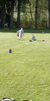 Tried returning a practice golf ball with the big cannon.  It didn't even make it to the orange top trash can.  Spuds, soda cans, apples, a Gateraid and other items were easily launched over tops of the trees behind these guys.