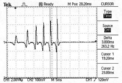 Sample graph at slower sweep.  There is less screen resolution for measurements.  Horizontal is 5 ms per division.  This is a shorter barrel showing acceleration the entire length.