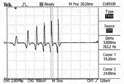 Sample graph at slower sweep.  There is less screen resolution for measurements.  Horizontal is 5 ms per division.  This is a shorter barrel showing acceleration the entire length.