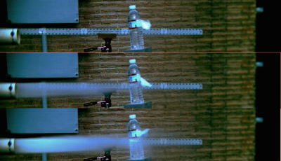 3 frames of video 1 ms apart.  Shot at 1,000 frames per second.  How fast is the flow?  The marked pieces of tape on the ruler are 1 foot apart.