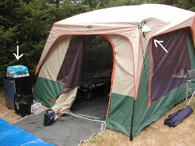 Camping in style.  Refrigerator and lights run off the inverter in the car.