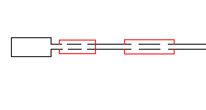 Black chamber is the initial chamber. Red chambers have ports to the barrel and are ignited as the projectile passes.