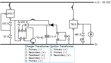 Included in this circuit is a simple ignition coil driver and fan voltage supply. Input voltage is variable within 12-35 volts.