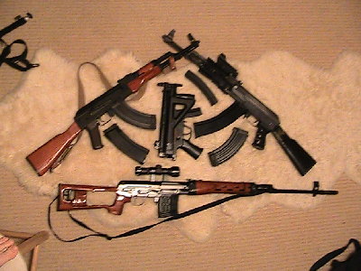 the wood ak is a cm.36 akm full steel and wood it shoots 460pfs<br />the black ak is a cm.28 and shoots 360fps<br />the mp5 is a tokyo marui mp5k pdw and shoots 280fps with classic army reinforced steel gears <br />the svd is an atoz dragunov svd and shoots 520fps with upgraded hopup, spring, piston, and sear.