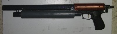 Quick mock-up of what the final configuration should look like.  Still needs a lot of finishing but the suppressor unit is essentially done.  For the trigger, it will likely be a rod leading up to the ball valve.