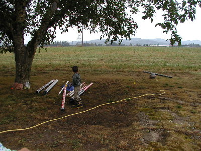 The artillery is laid out ready for action under the walnut tree.  We connected to the farm compressor in the tool shed instead of my wimpy compressor.