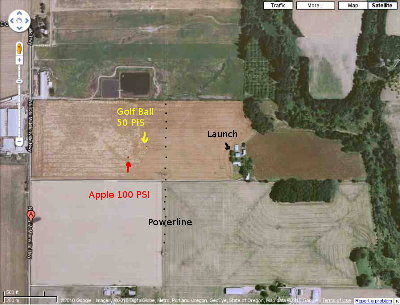 Until I get GPS coordinates laid out proper, this is a rough location of an apple at 100 PSI and a golf ball at 50 PSI. The red flag for the apple is easy to spot in the telephoto shot. Powerlines and launch tree are marked.