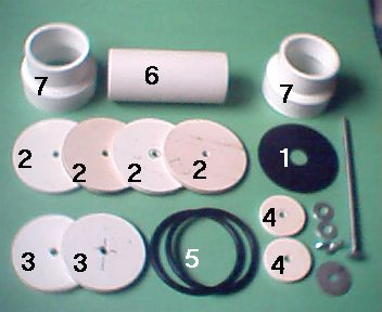 1.  3&amp;quot; rubber washer<br /><br />2.  3&amp;quot; pvc disks <br /> <br />3.  2 5/8&amp;quot; dia., 1/4&amp;quot; thick pvc disks                          <br />     (1/4&amp;quot; for ring expansion)            <br />4.  1 9/16&amp;quot; pvc disks (inside dia. of  <br />     1 1/2&amp;quot; pcv pipe)<br /><br />5.  AS568A-334 orings (2 5/8&amp;quot; inside, <br />      3&amp;quot; outside, 3/16&amp;quot; thick)<br /><br />6.  4 1/4&amp;quot; long 1 1/2&amp;quot; pvc pipe<br /><br />7.  2&amp;quot; to 1 1/2&amp;quot; bell reducers