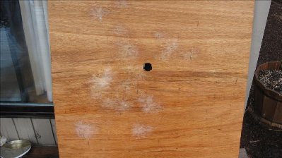 This is 1/4&amp;quot; plywood. There are 18 pb shots on there from about 30 feet away. They spread out very nicely. The hole is from a duct tape rock.