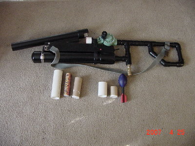 Ammumnition and respective cartridges.<br />Left to right:large cartridge,smoke grenade,24rd shotshell,half cartridge,12rd.shotshell,and nerf football.