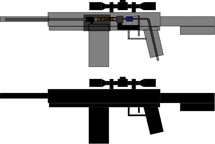 The Plans. the above drawing is the actual gun. the magazine, magazine well, hop-up chamber and barrel are all parts of the shotgun. the gold tube covered with lines is a blow-foward bolt, the box is an 1/8 inch QEV, the valve behind it an 1/8 inch slide valve, and the hose off of it goes to an air source....