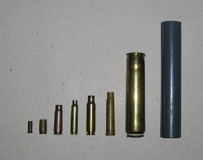 As a matter of interest, here's how it compares to some firearm cartridges, from left to right: 22LR, 9mm pistol, 7.62mm Russian, 5.56mm NATO, 7.62mm NATO, 0.303 British and 20mm cannon