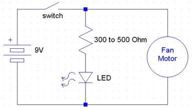 9V battery, switch, resistor, LED and fan circuit