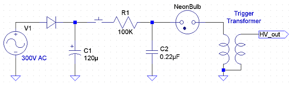 From the left side of the schematic;<br />1. 300V poser source, diode and photocap allready on the photoflash board.<br />2. Add a push button switch, 100K resistor and boost the capacitance of the trigger cap.<br />3. Use a neon bulb as the trigger.<br />4. Use the trigger coil fromthe photoflash board.