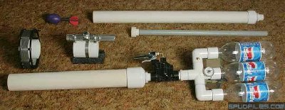 This picture shows the components of the Trident launcher. At the bottom is the launcher with 2.5&amp;quot; tennis ball barrel installed. Above it are the line reel, optical sight, and ram rod. Above them are the 2&amp;quot; barrel and Pocket Vortex projectile.