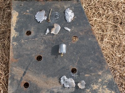 Steel plate shots.jpg (264.88 KiB) Viewed 5442 times Showing two different impacts and pieces I was able to find. Also unfired round for comparison. Shots were @ 400psi and 2 yards range. 1/2 ounce fishing weight/hot glue ammo.