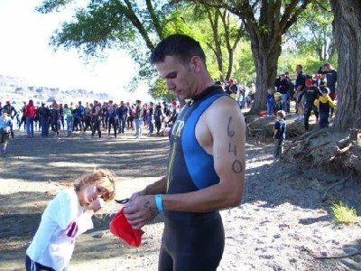 17 months ago, waiting for the start of my first half-iron.  The water was about 63 F.