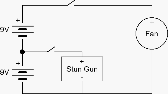 Two 9V batteries to power a fan at 18V and a stungun at 9V.